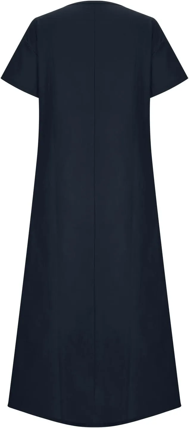 Summer Dress for Women Plus Size Short Sleeve Linen Shirt Dresses Crewneck Maxi Dress Business Casual Dresses