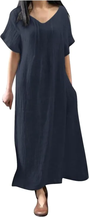 Summer Dress for Women Plus Size Short Sleeve Linen Shirt Dresses Crewneck Maxi Dress Business Casual Dresses