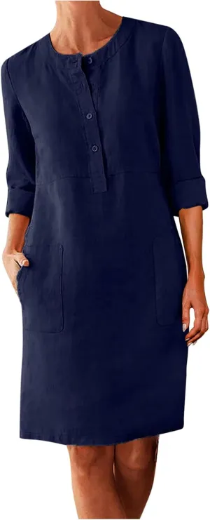 Summer Dresses for Women Casual T Shirt Dresses Swing Flowy Beach Vacation Sundress with Pockets T-Shirt Vacation Linen Dress