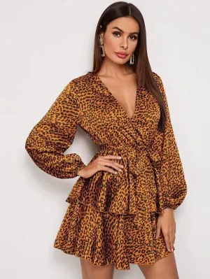 Surplice Neck Balloon Sleeve Layered Leopard Dress