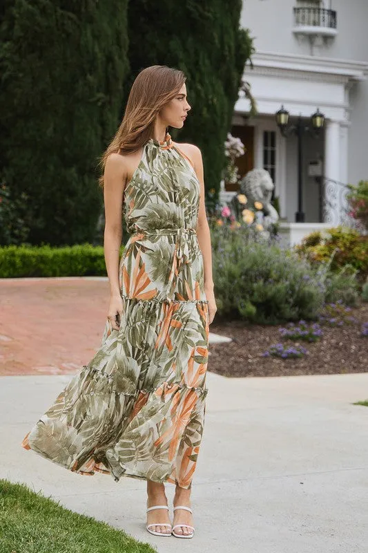 Tan/Olive Tropical Mock Neck Layered Mesh Maxi Dress