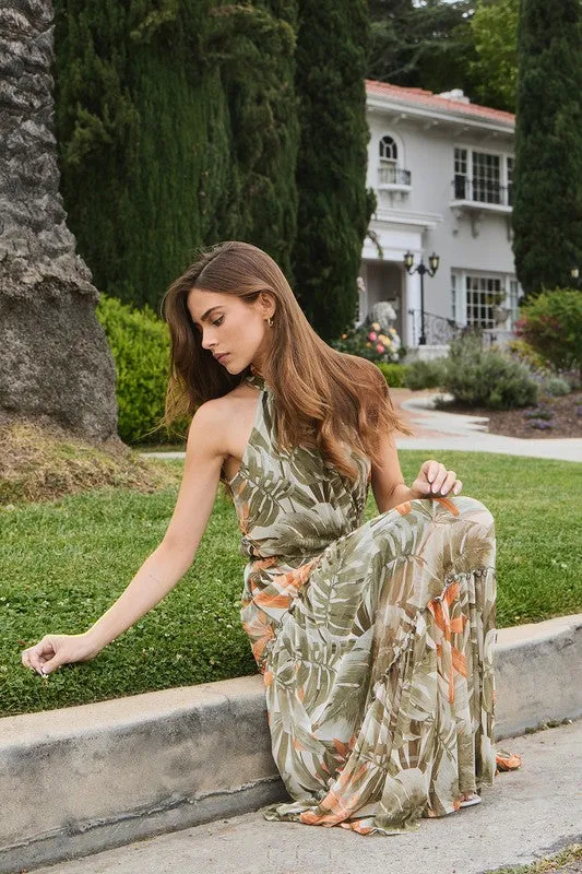 Tan/Olive Tropical Mock Neck Layered Mesh Maxi Dress