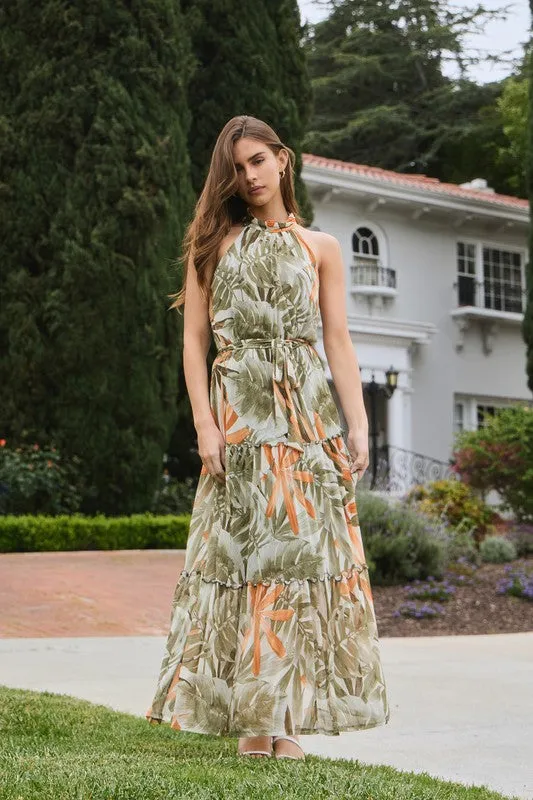 Tan/Olive Tropical Mock Neck Layered Mesh Maxi Dress