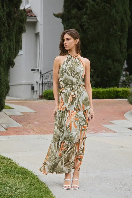 Tan/Olive Tropical Mock Neck Layered Mesh Maxi Dress