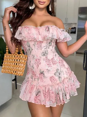 TastyHottie - Pink Floral Print Ruffles Off Shoulder Shirring Dress