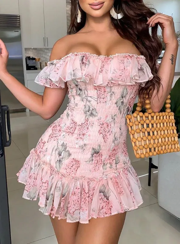TastyHottie - Pink Floral Print Ruffles Off Shoulder Shirring Dress