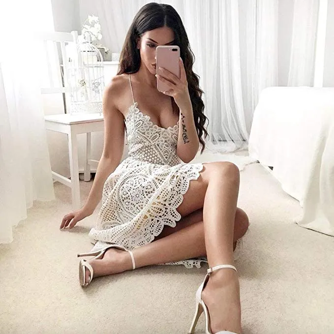 TastyHottie - Women's Sleeveless Spaghetti Strap V Neck Party Evening Backless Lace Gown Cocktail Dress
