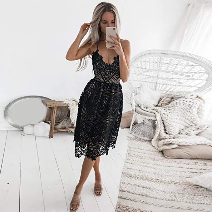 TastyHottie - Women's Sleeveless Spaghetti Strap V Neck Party Evening Backless Lace Gown Cocktail Dress