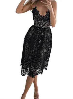 TastyHottie - Women's Sleeveless Spaghetti Strap V Neck Party Evening Backless Lace Gown Cocktail Dress