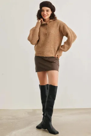 Taupe Wool Knit Button-Up Neck Crop Sweater Pullover /3-1