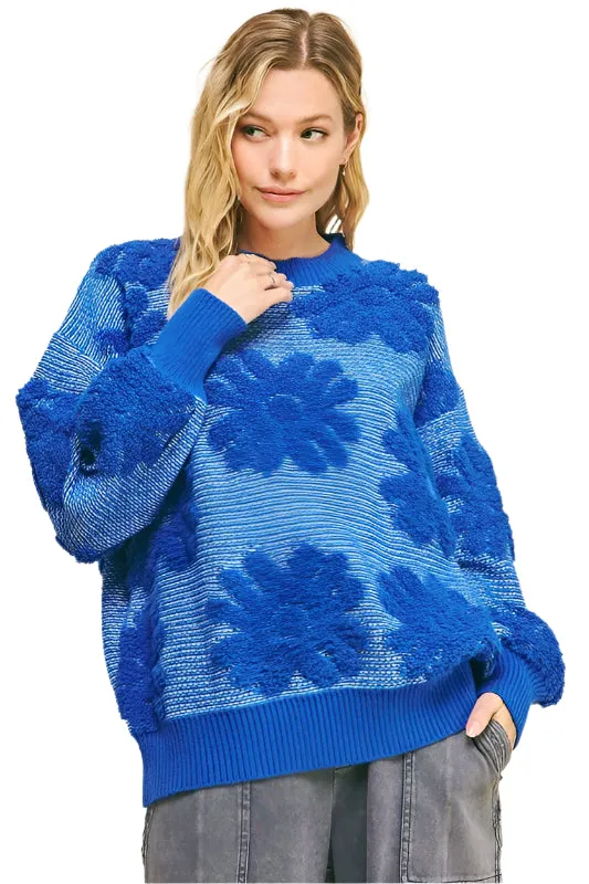TEEK - Blue Flower Texture Dropped Shoulder Sweater