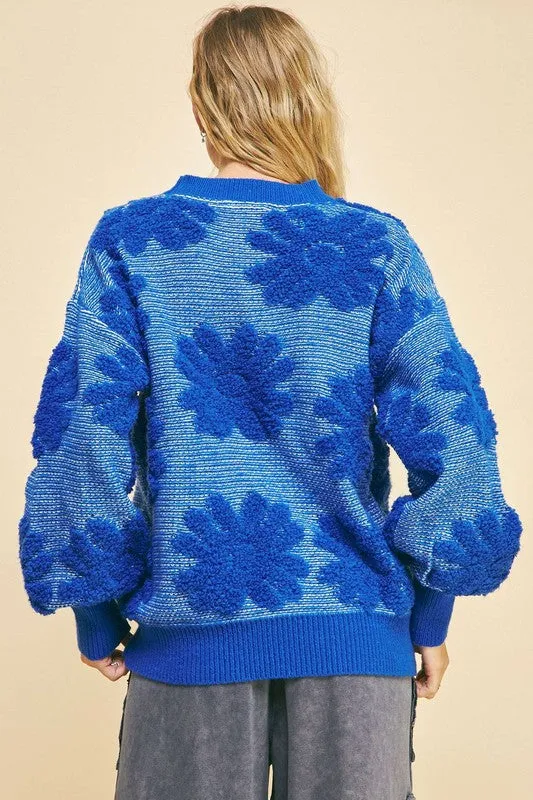 TEEK - Blue Flower Texture Dropped Shoulder Sweater