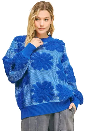TEEK - Blue Flower Texture Dropped Shoulder Sweater