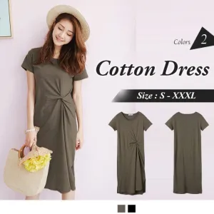 TEXTURE SOLID COLOR SIDE WRINKLE SLITS BAMBOO COTTON DRESS