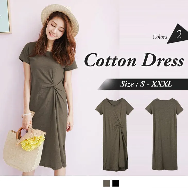 TEXTURE SOLID COLOR SIDE WRINKLE SLITS BAMBOO COTTON DRESS
