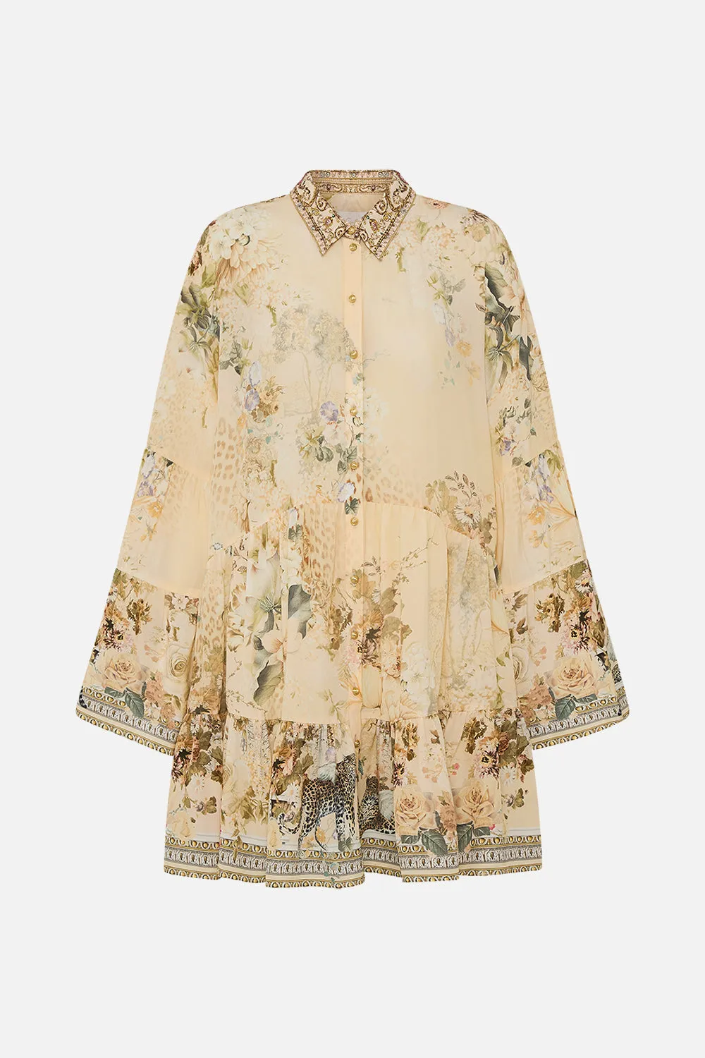 TIERED DRESS WITH COLLAR ADORNED IN ANTIQUITY
