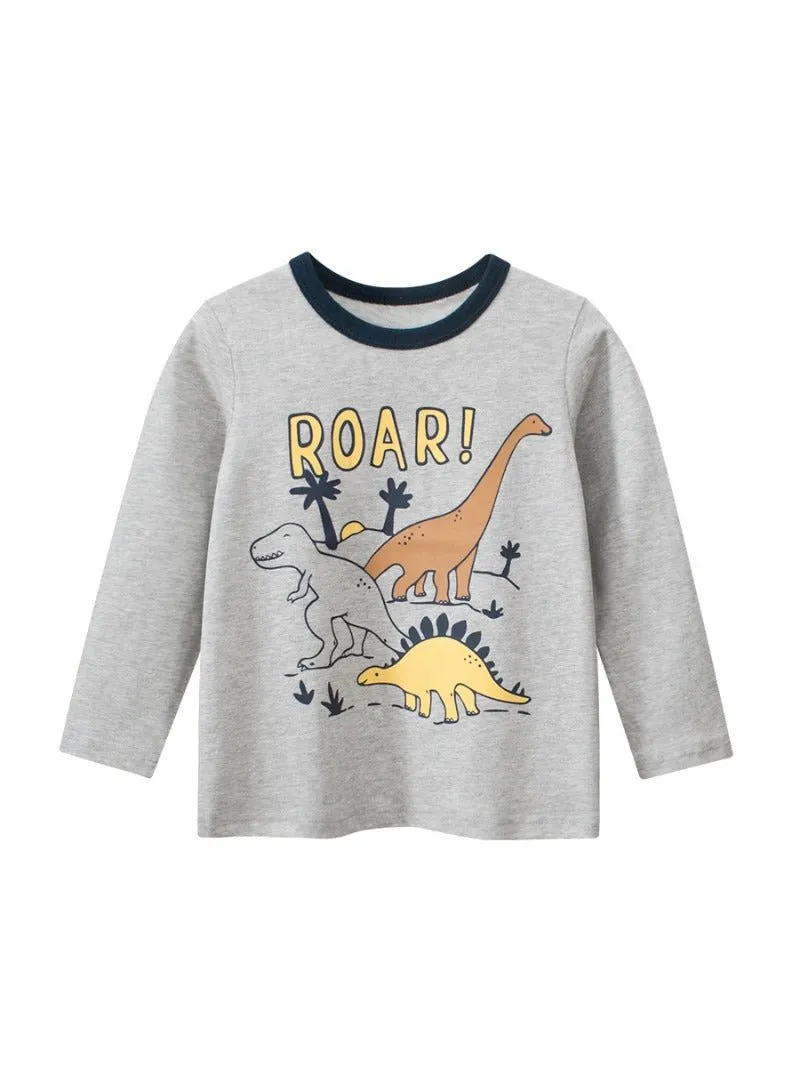 Toddler Boy's Dinosaur Print Design Long-sleeve Gray T-shirt