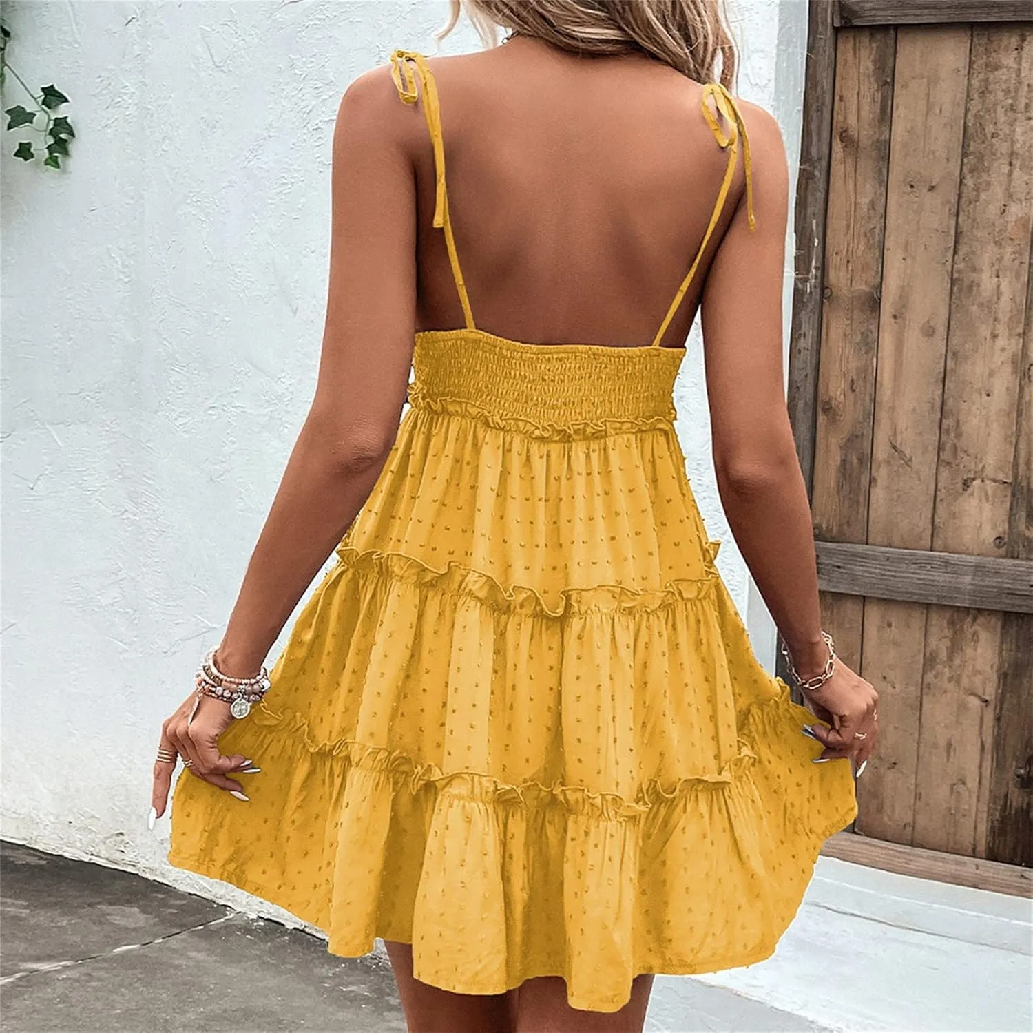 TUNUSKAT Womens 2024 Summer Mini Dress Flowy Adjustable Spaghetti Straps Dresses Short Sleeveless Ruffle Tiered Camis Dress