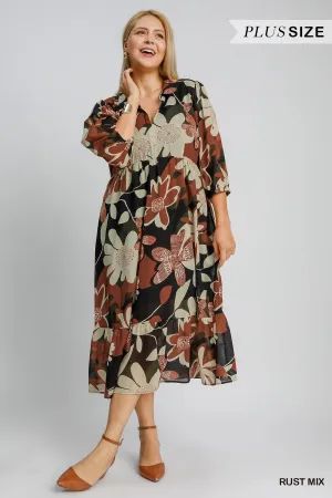 Umgee Floral Abstract Print Collard Tiered Midi Dress In Rust Mix Plus