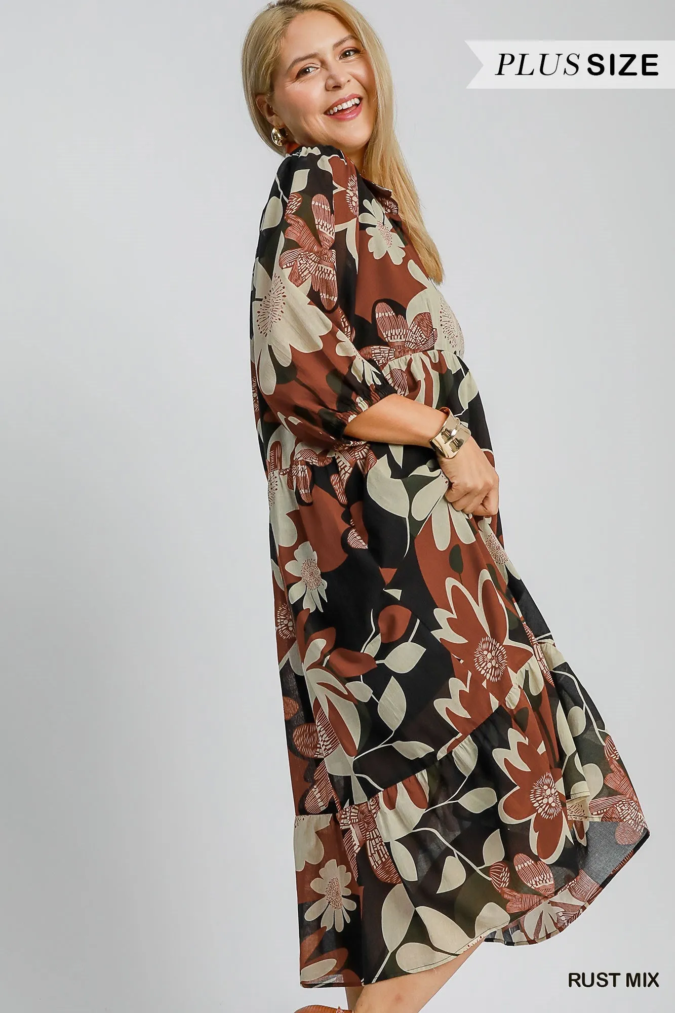 Umgee Floral Abstract Print Collard Tiered Midi Dress In Rust Mix Plus