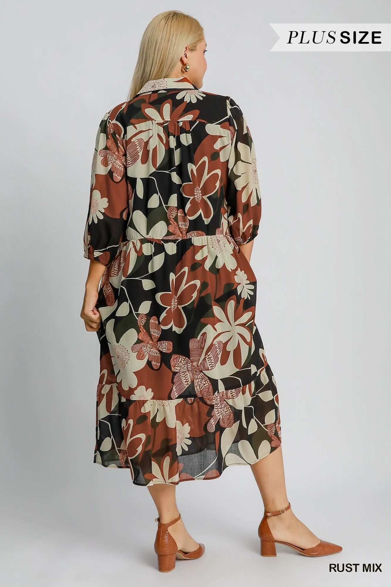 Umgee Floral Abstract Print Collard Tiered Midi Dress In Rust Mix Plus
