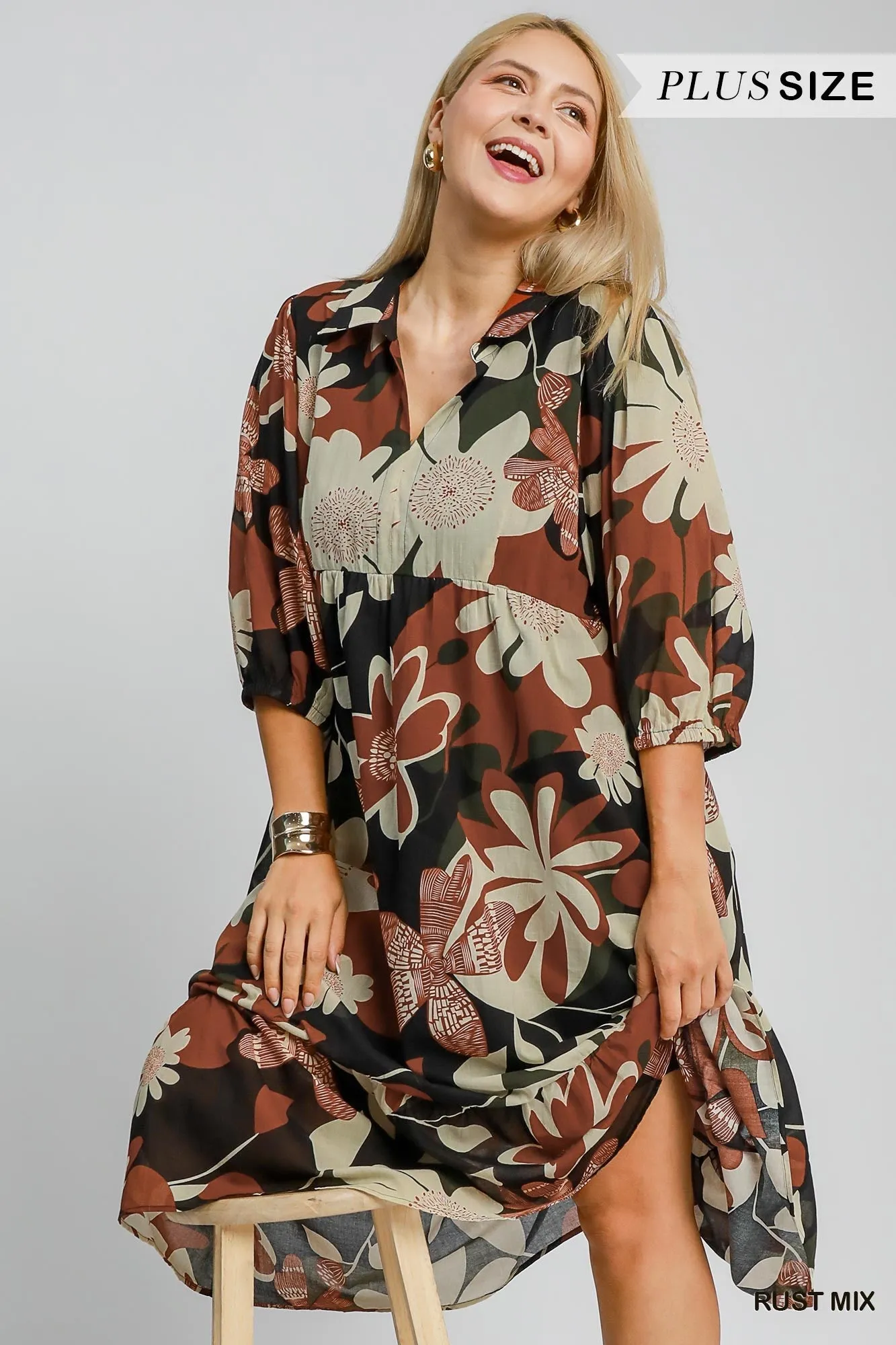 Umgee Floral Abstract Print Collard Tiered Midi Dress In Rust Mix Plus