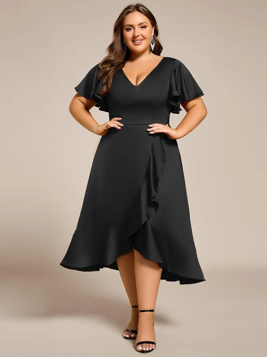 V-Neck Satin Midi Wedding Guest Dress with Ruffled Skirt