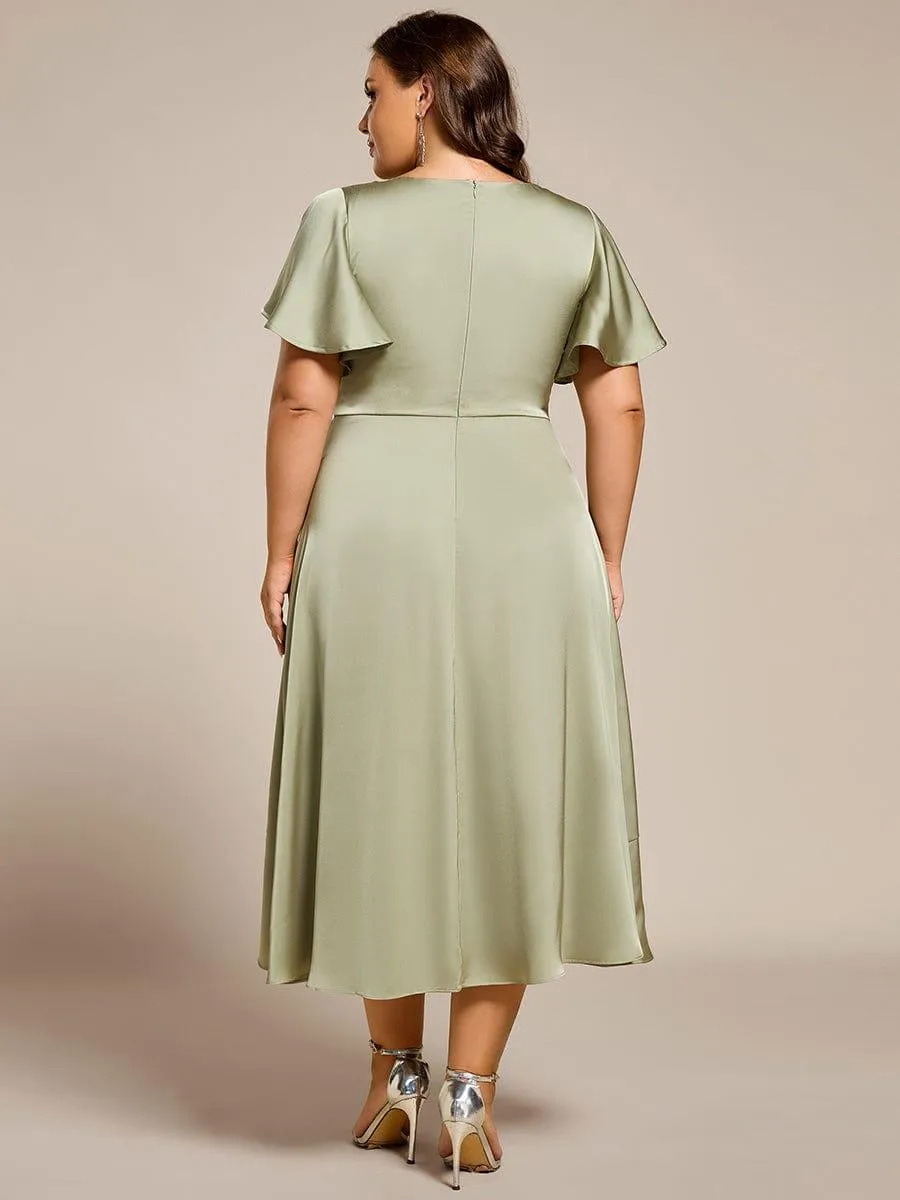 V-Neck Satin Midi Wedding Guest Dress with Ruffled Skirt