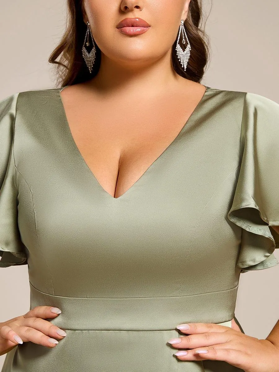 V-Neck Satin Midi Wedding Guest Dress with Ruffled Skirt
