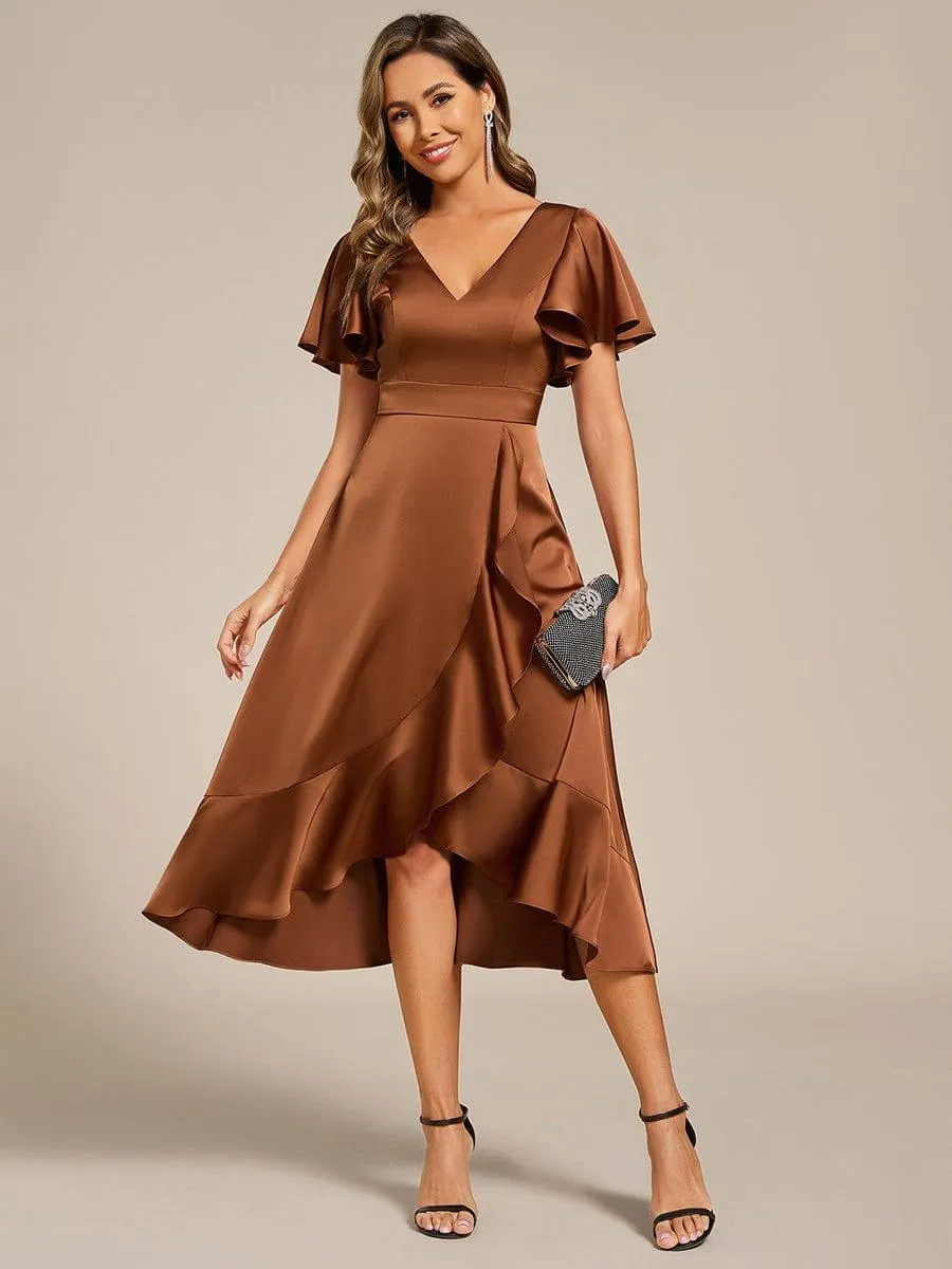 V-Neck Satin Midi Wedding Guest Dress with Ruffled Skirt