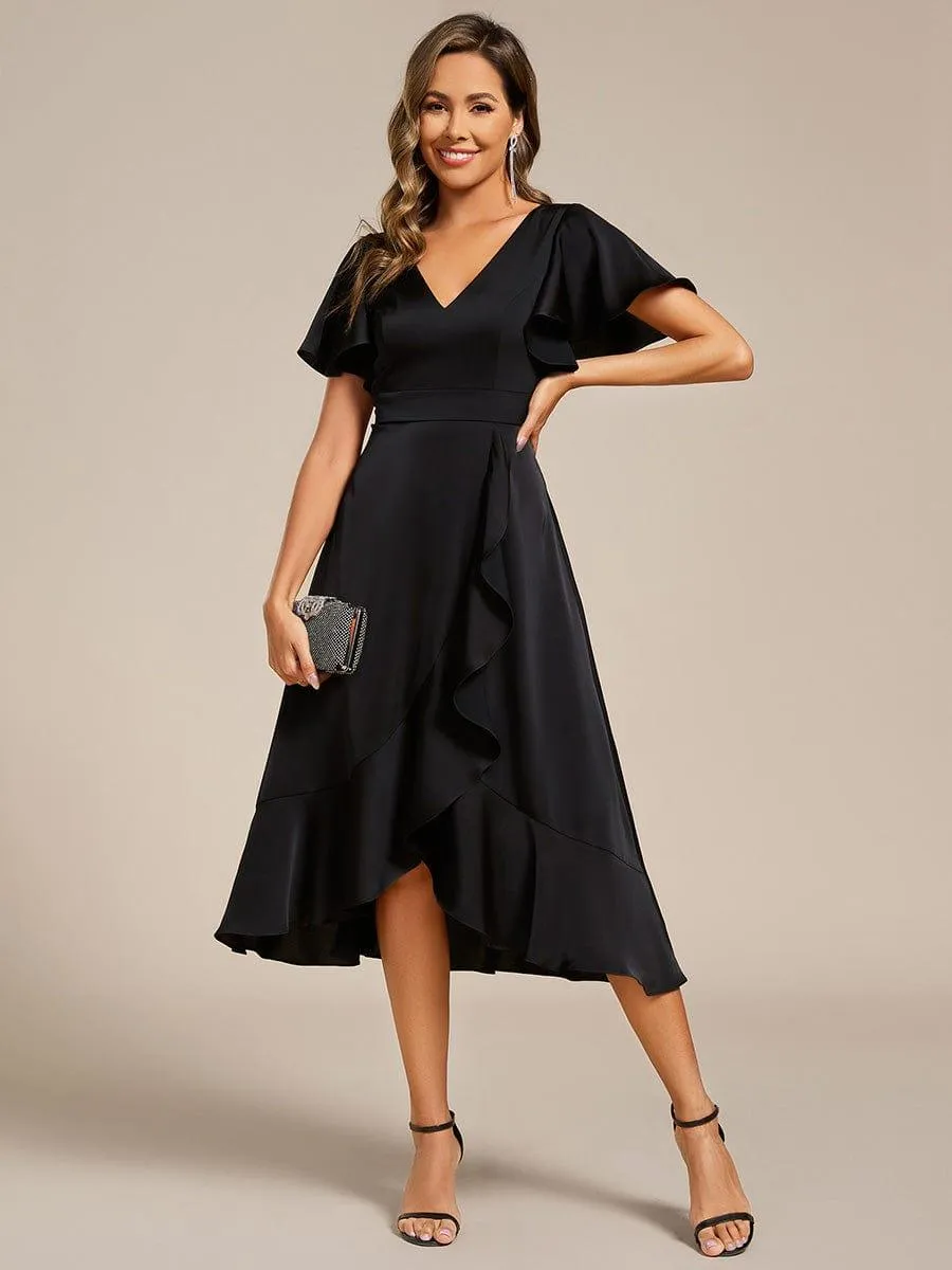V-Neck Satin Midi Wedding Guest Dress with Ruffled Skirt