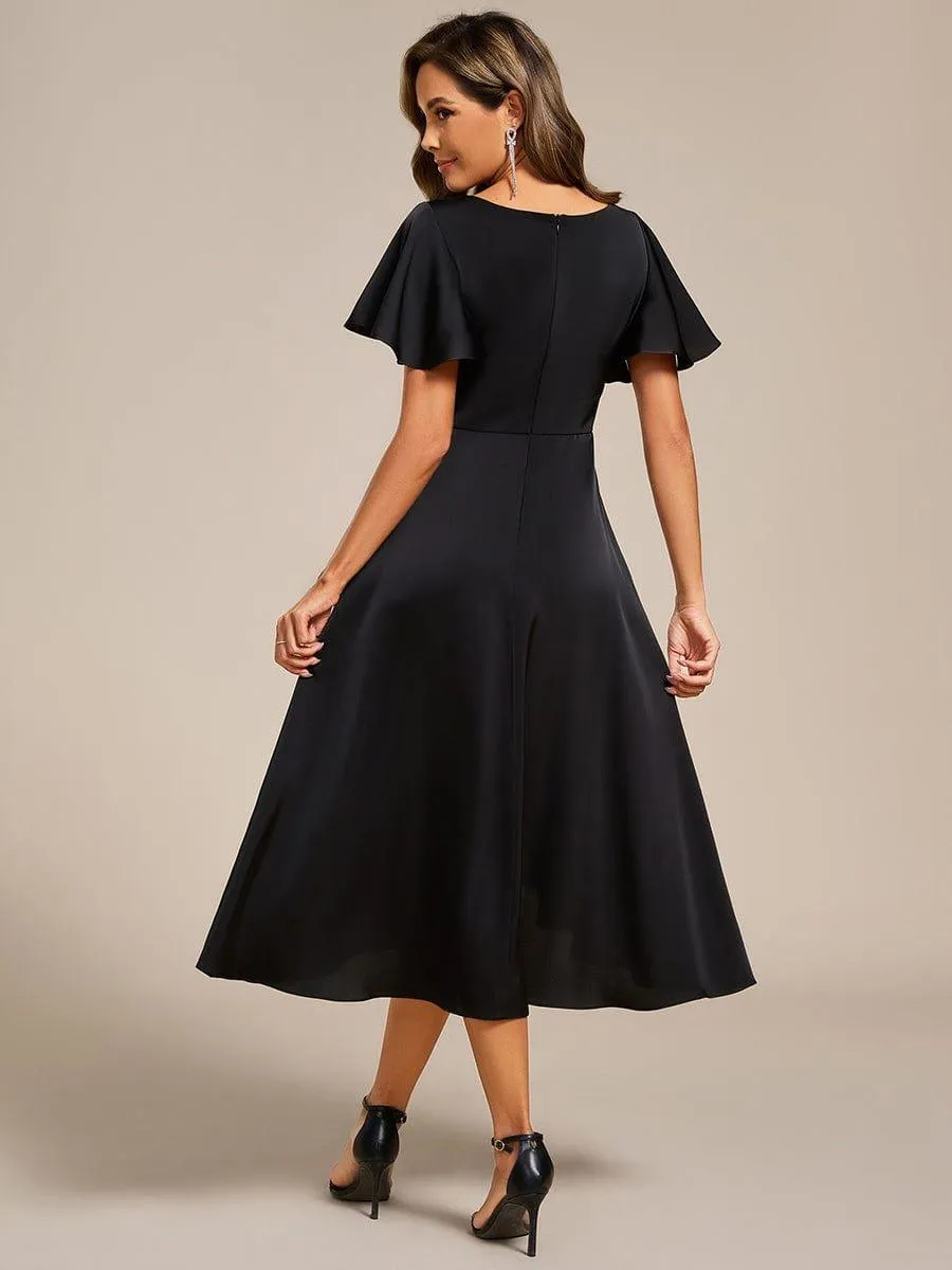 V-Neck Satin Midi Wedding Guest Dress with Ruffled Skirt