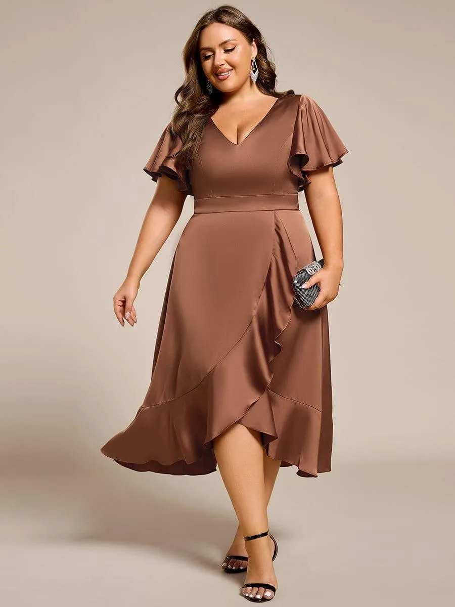 V-Neck Satin Midi Wedding Guest Dress with Ruffled Skirt