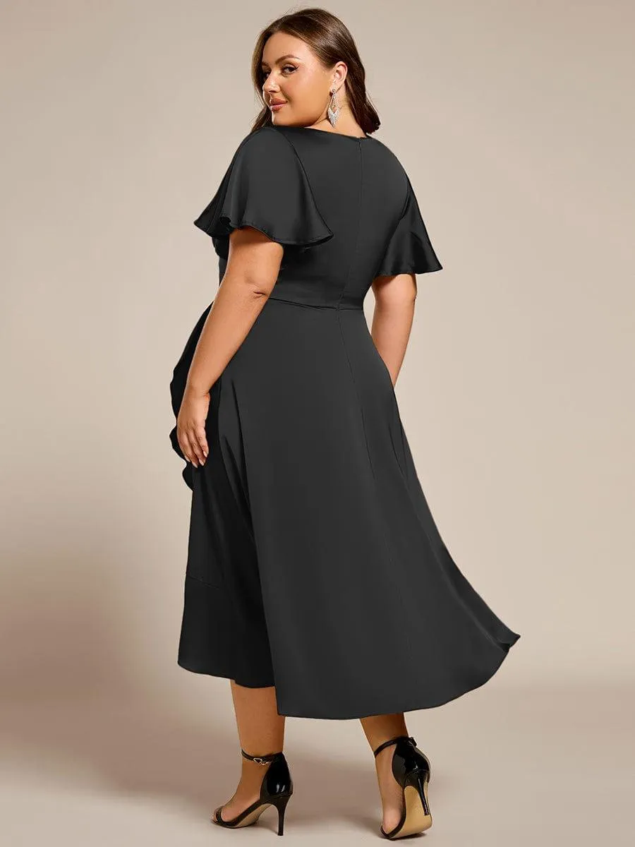 V-Neck Satin Midi Wedding Guest Dress with Ruffled Skirt