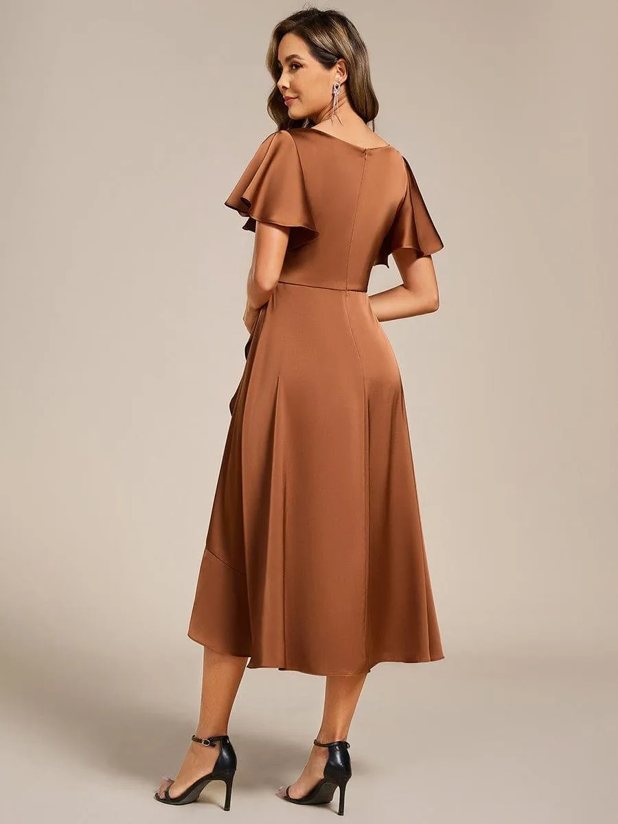 V-Neck Satin Midi Wedding Guest Dress with Ruffled Skirt