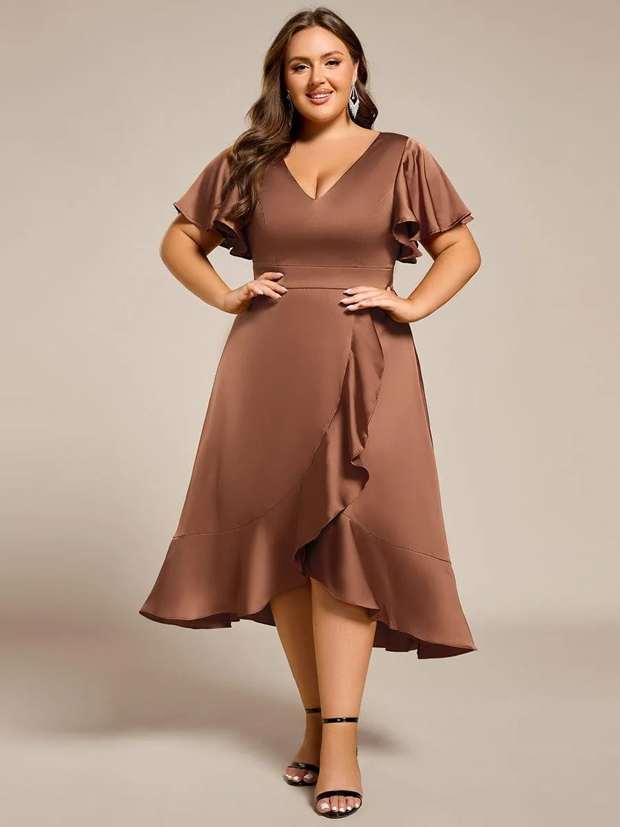 V-Neck Satin Midi Wedding Guest Dress with Ruffled Skirt