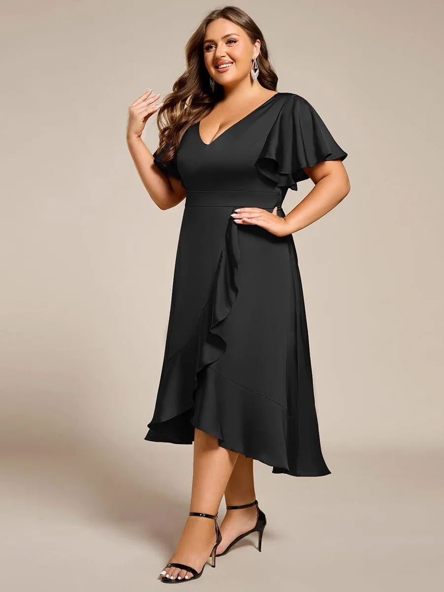 V-Neck Satin Midi Wedding Guest Dress with Ruffled Skirt