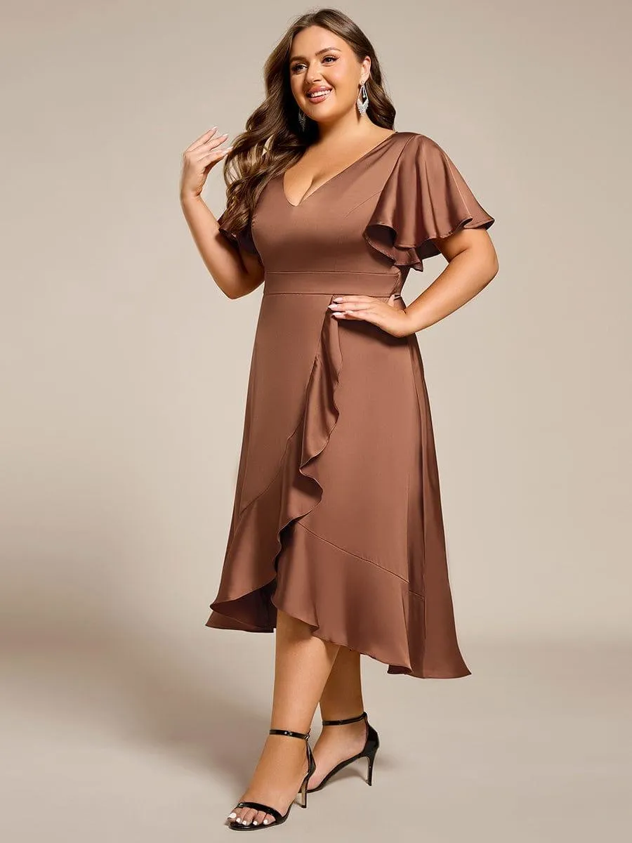 V-Neck Satin Midi Wedding Guest Dress with Ruffled Skirt