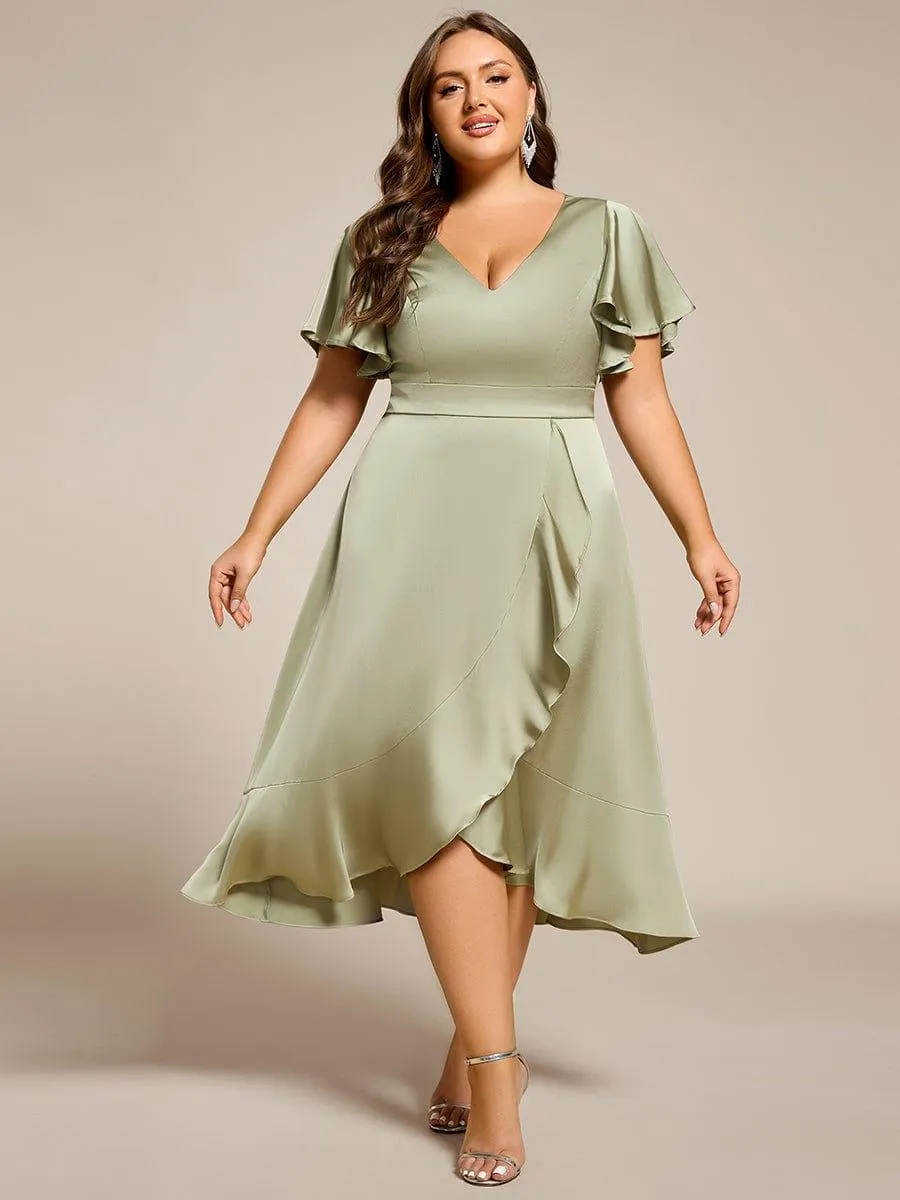 V-Neck Satin Midi Wedding Guest Dress with Ruffled Skirt