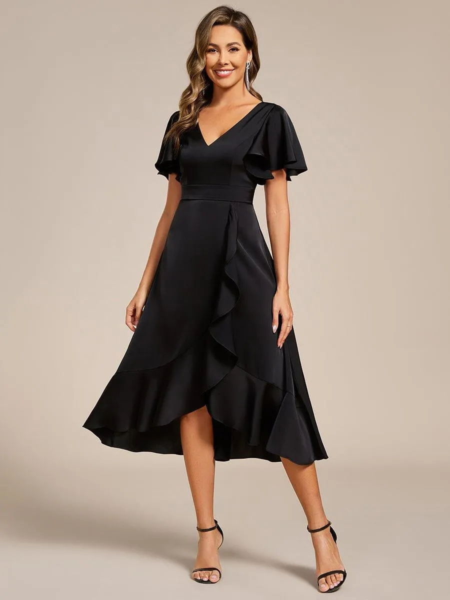 V-Neck Satin Midi Wedding Guest Dress with Ruffled Skirt