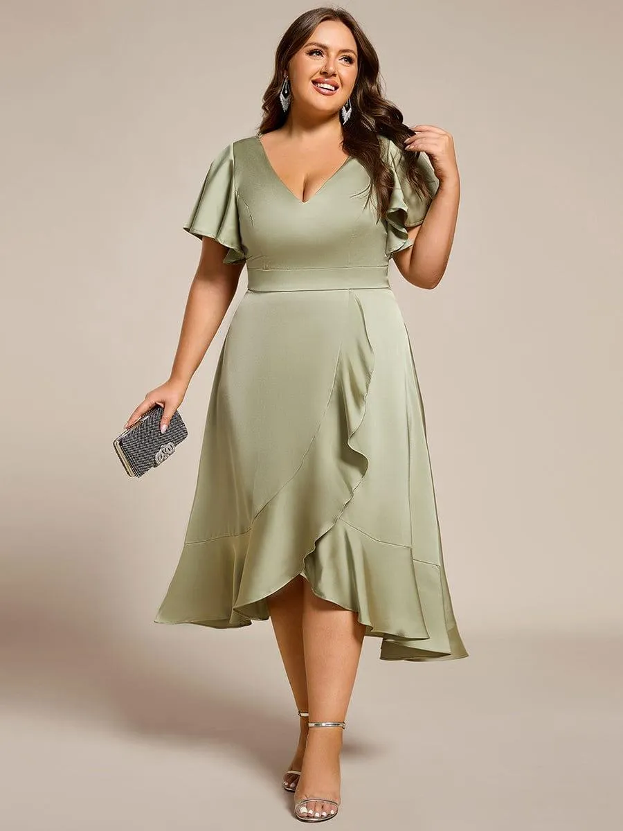 V-Neck Satin Midi Wedding Guest Dress with Ruffled Skirt