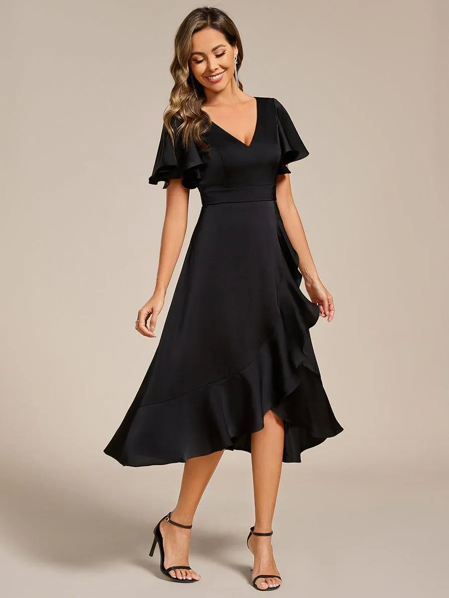V-Neck Satin Midi Wedding Guest Dress with Ruffled Skirt