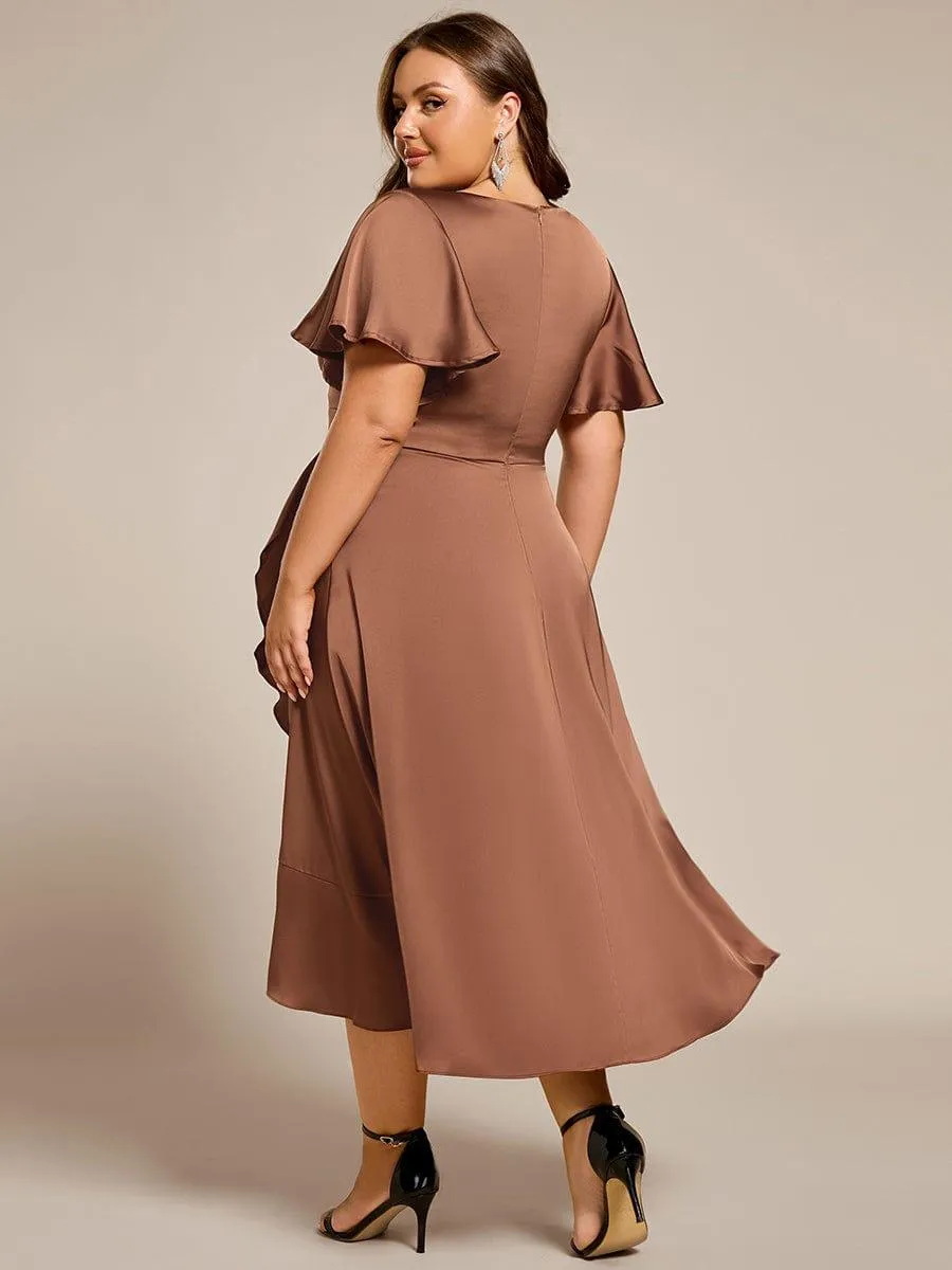 V-Neck Satin Midi Wedding Guest Dress with Ruffled Skirt