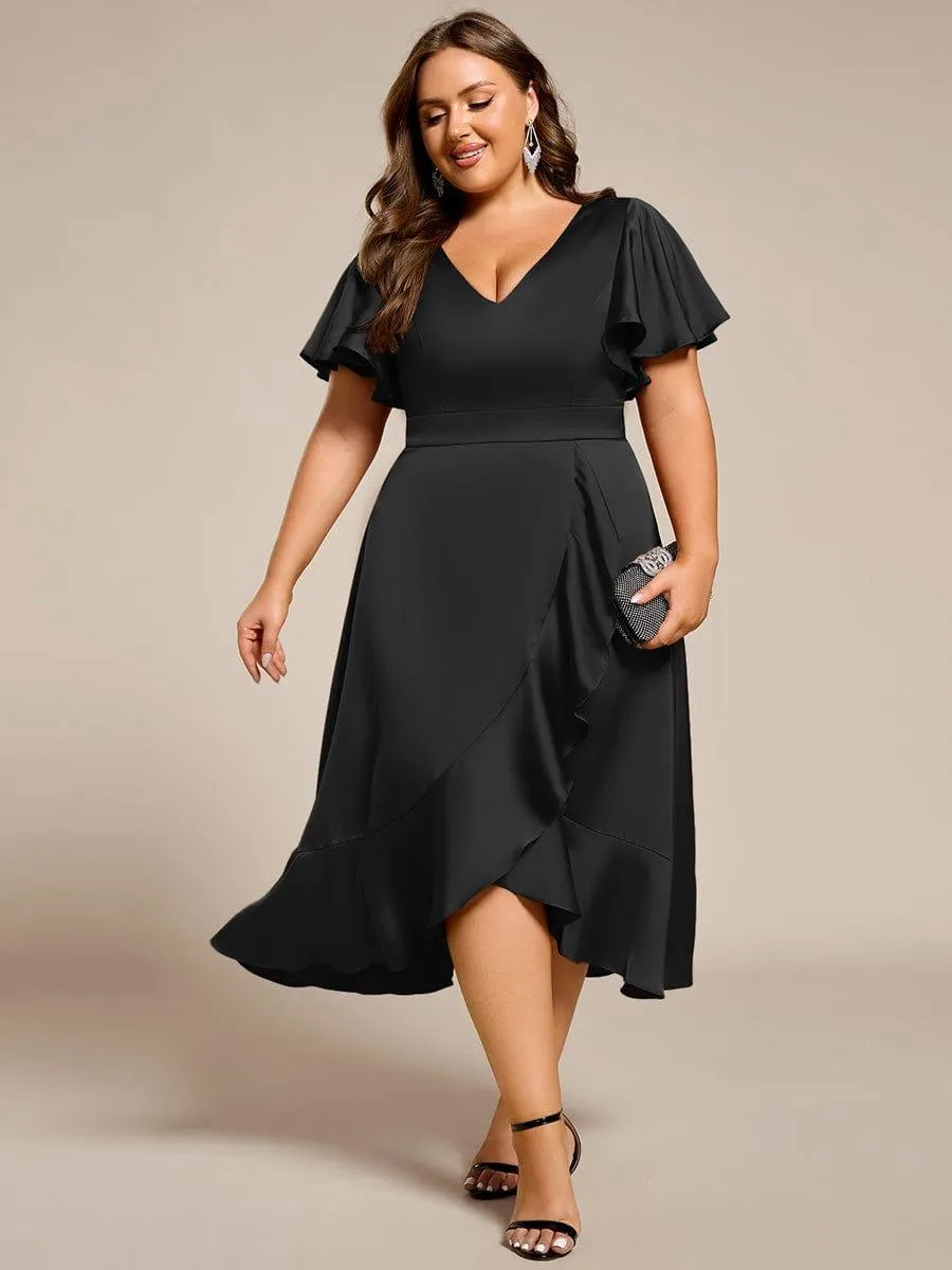 V-Neck Satin Midi Wedding Guest Dress with Ruffled Skirt