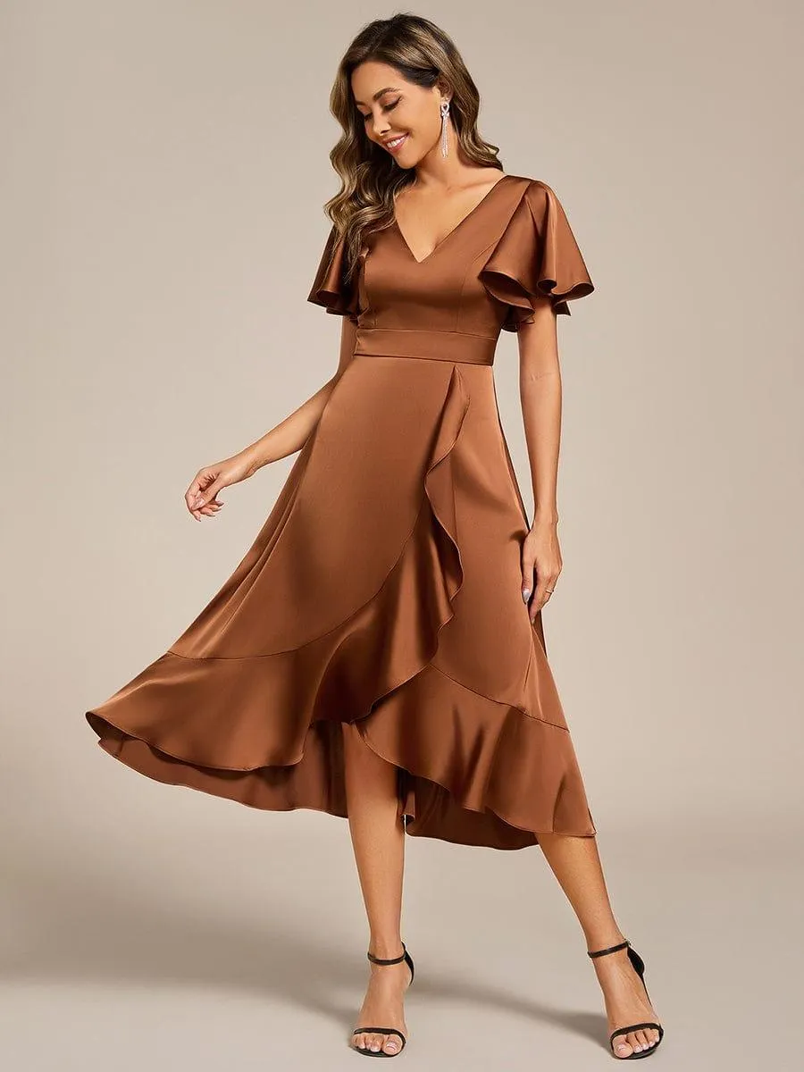 V-Neck Satin Midi Wedding Guest Dress with Ruffled Skirt