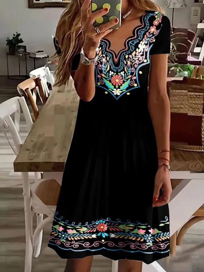 Wave V-neck Mid Skirt Printed Short-sleeved Pastoral Casual Dress