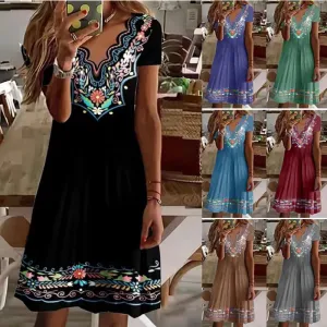 Wave V-neck Mid Skirt Printed Short-sleeved Pastoral Casual Dress