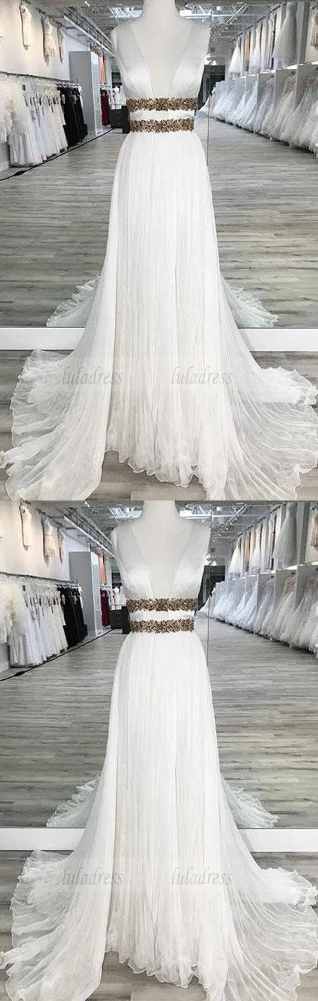 White V Neck Chiffon  Long  Prom Dress,  Evening Dresses