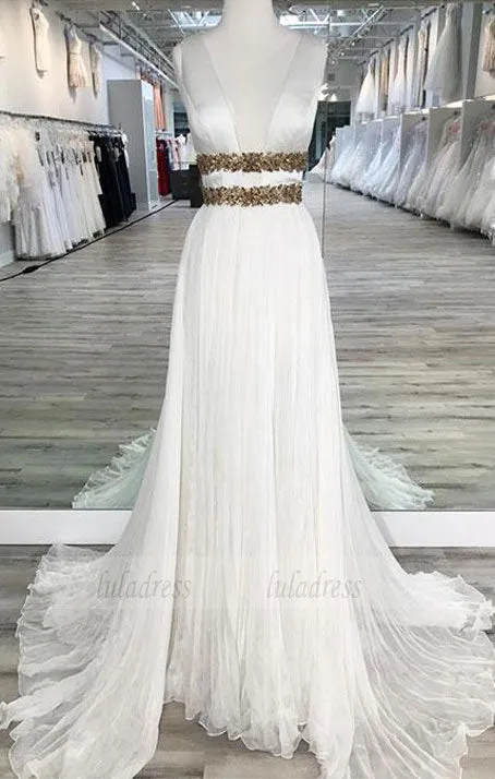 White V Neck Chiffon  Long  Prom Dress,  Evening Dresses