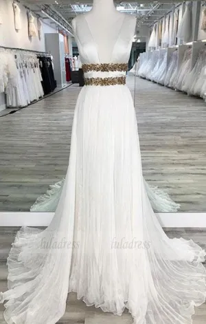 White V Neck Chiffon  Long  Prom Dress,  Evening Dresses